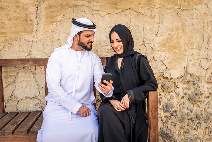 An image of a man and woman buying a UAE virtual phone number.