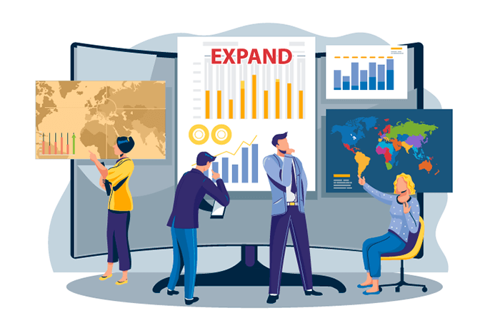 An image of businesspeople plotting global expansion and identifying mistakes to avoid.