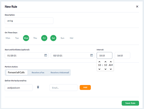 A screenshot of time-of-day routing in the control panel.