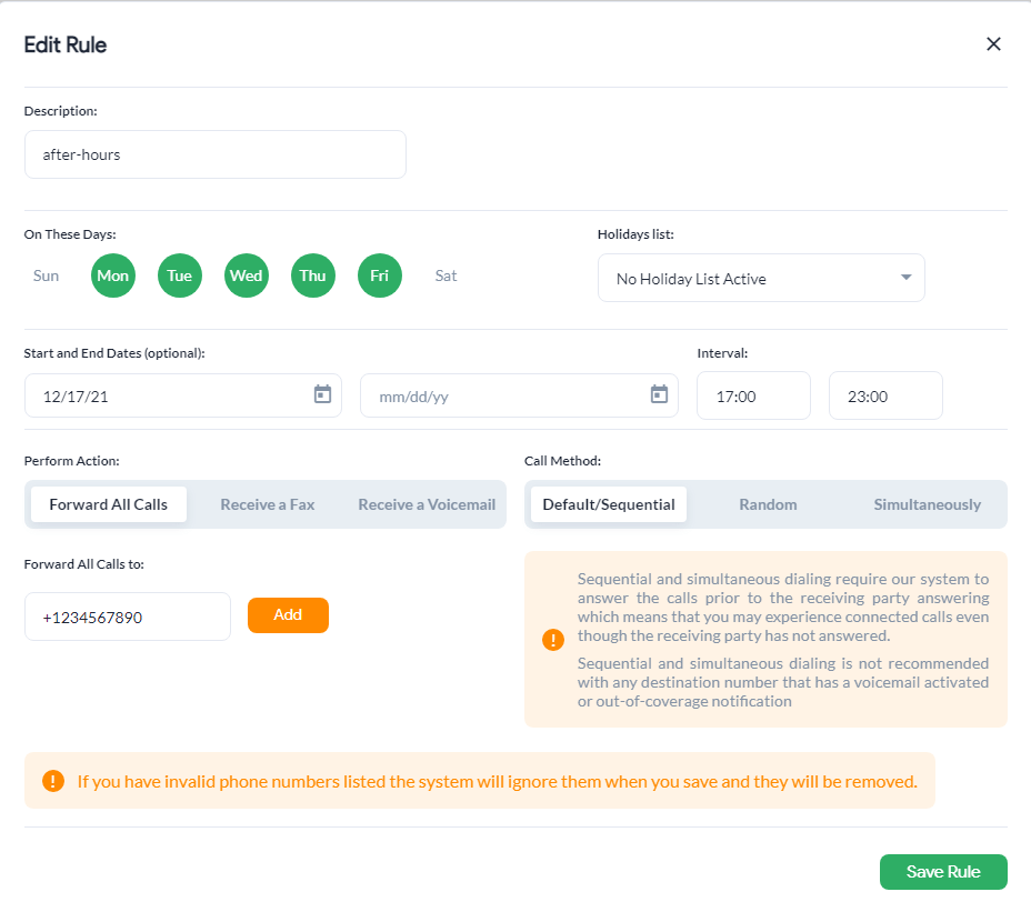 A screenshot showing how to set up an after-hours phone service.