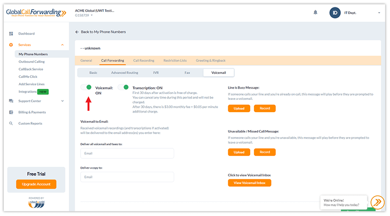 voicemail transcription options in control panel