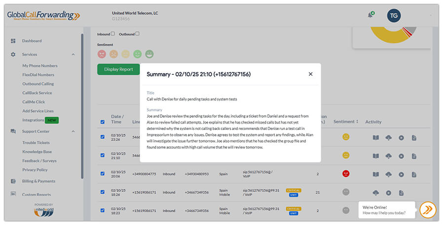 Call summary screenshot within our control panel.