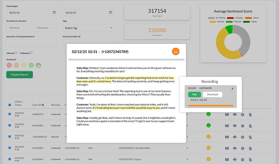 Call sentiment dashboard showing a negative transcript to analyze