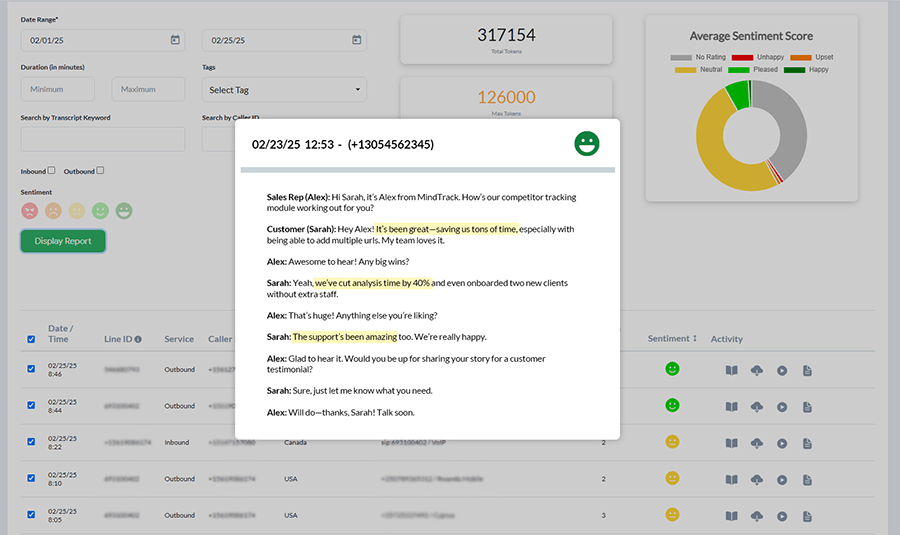 Call transcript showing a positive sentiment to analyze